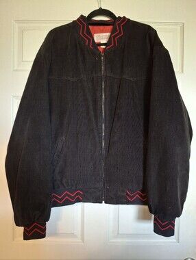 TEX TAN Vintage Black Corduroy Bomber Jacket with Red Trim